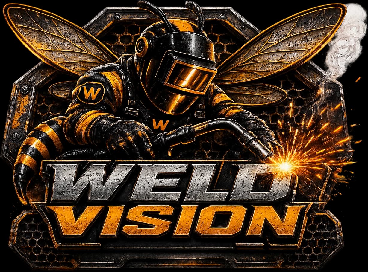 Weld Vision Group emblem: the hornet mascot in a welding helmet striking an arc with a MIG torch