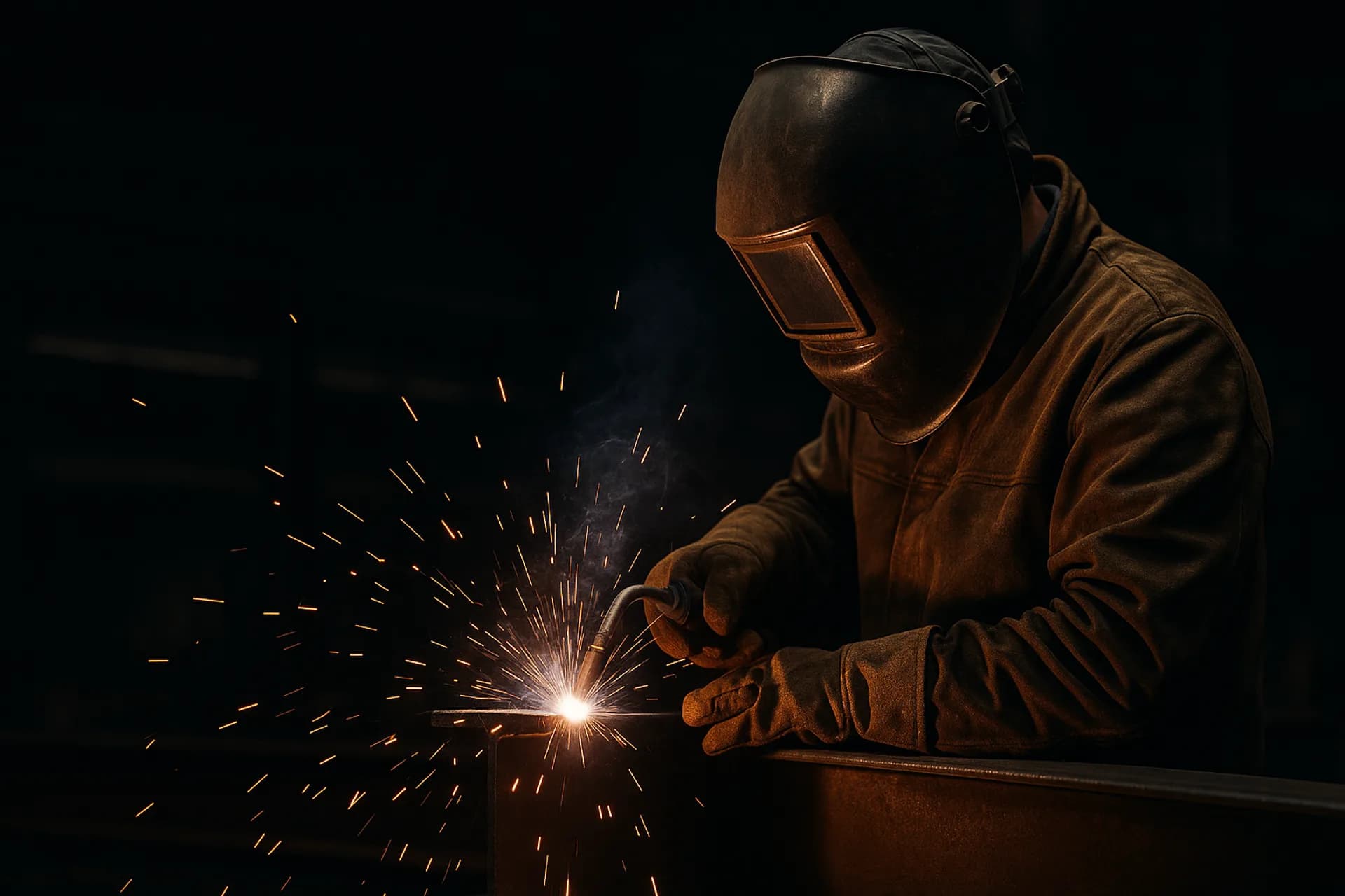 Welder in full protective gear welding a steel beam with bright sparks on a Tampa jobsite